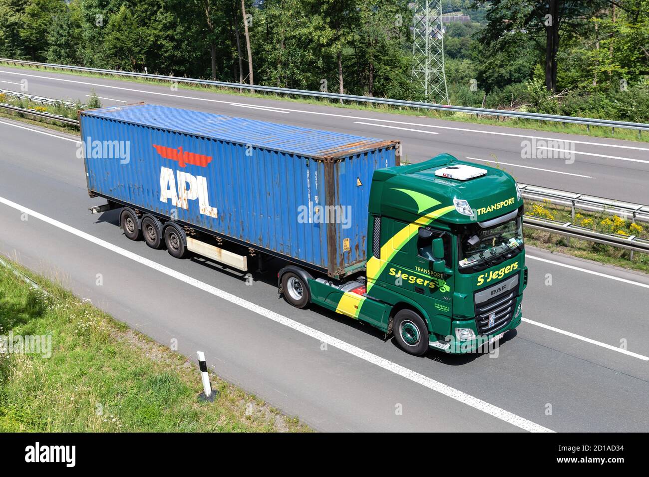 SJegers DAF XF truck with APL container on motorway. Stock Photo