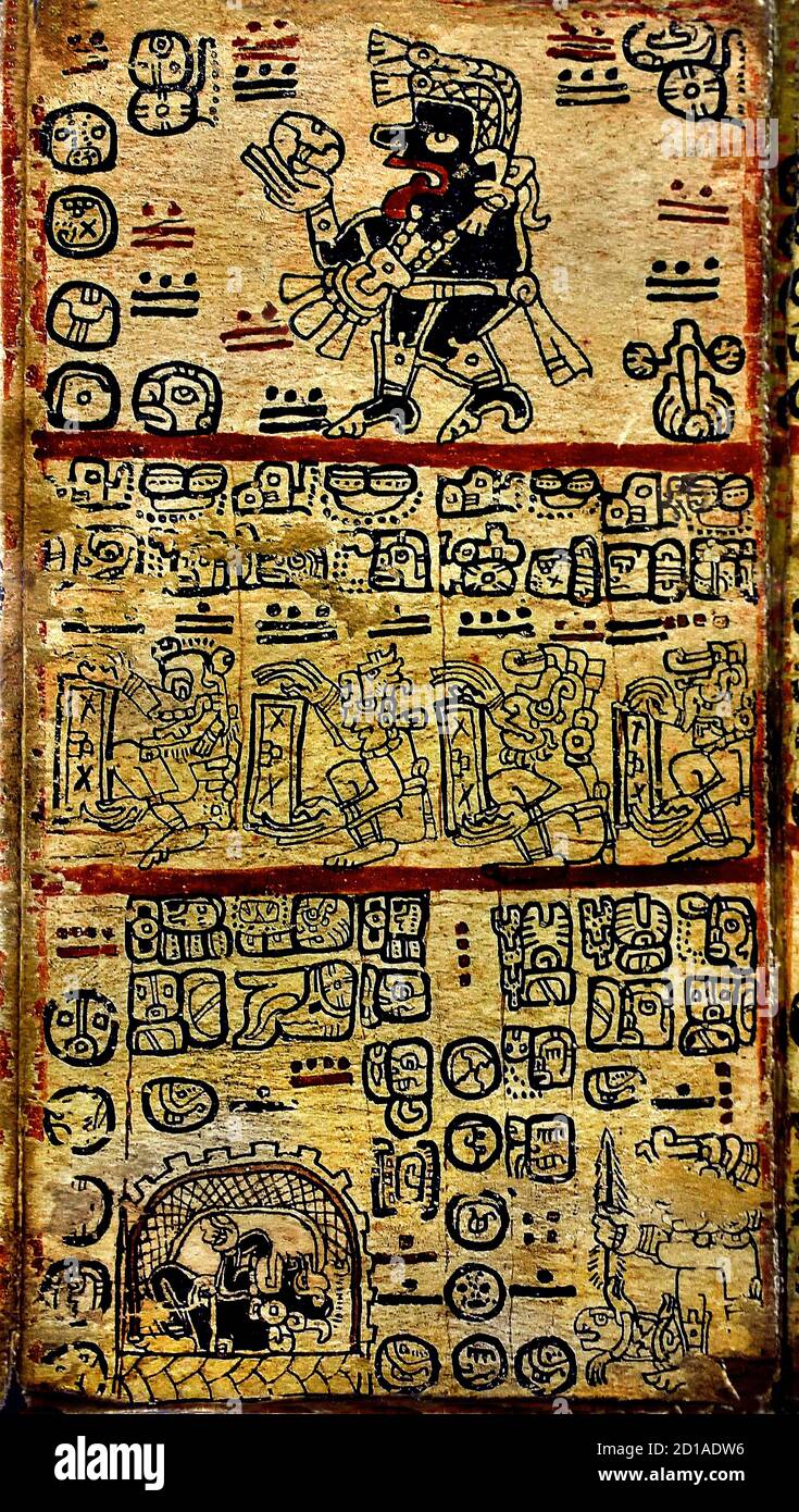 The Madrid Codex or the Tro-Cortesianus  or the Codex-Troano Codex pre-Columbian Maya book. Postclassic period of Mesoamerican chronology (circa 900–1521 AD).  The Mayan codices pointed out notes about their history, their religious practices, their knowledge in medicine, astronomy and even there they recorded their famous prophecies. Pre, Colombian Colombia  America, American, Stock Photo