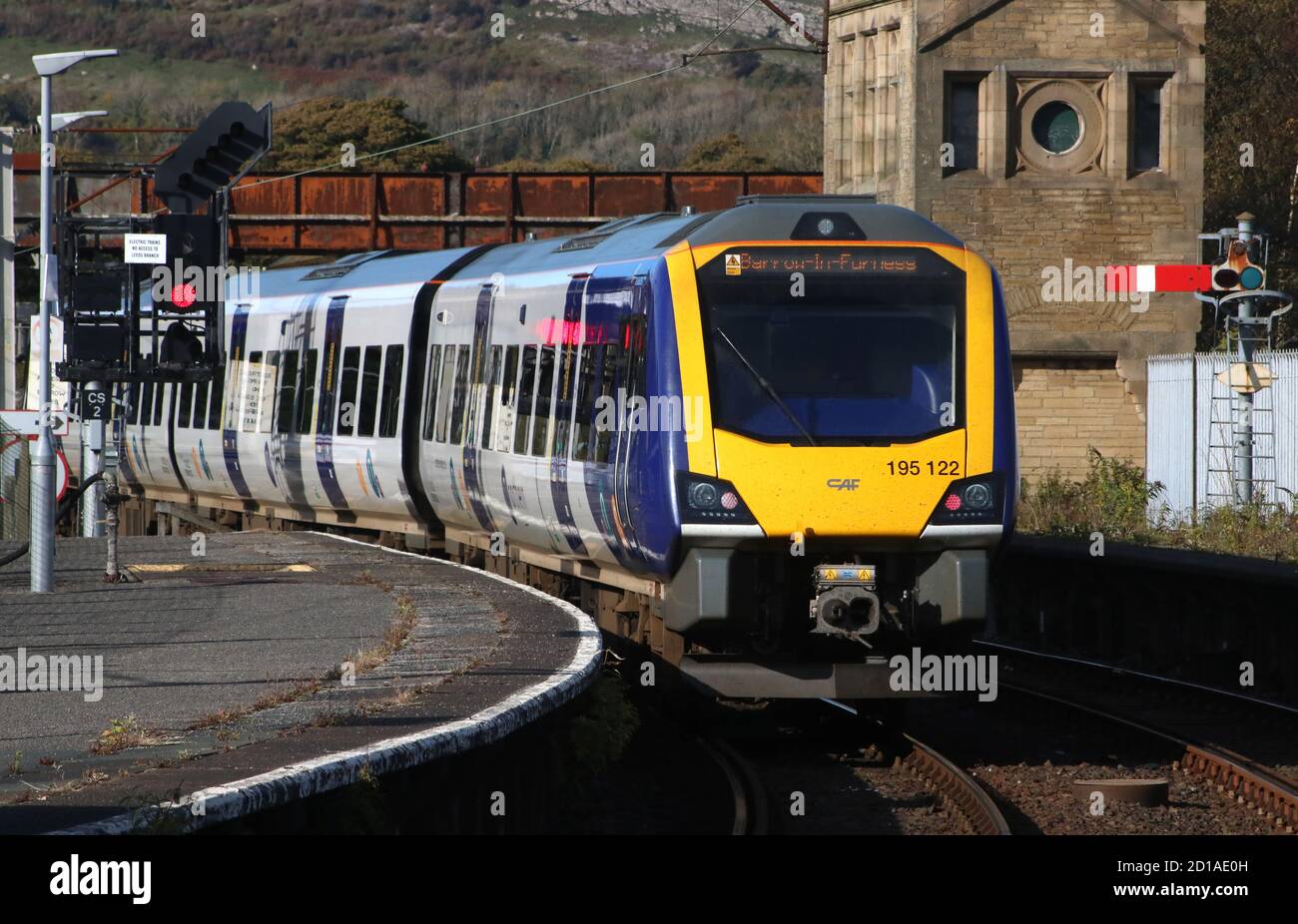 CAF class 195 Civity diesel multiple-unit operated by Northern Trains leaving platform 2 at Carnforth railway station on Monday 5th October 2020. Stock Photo