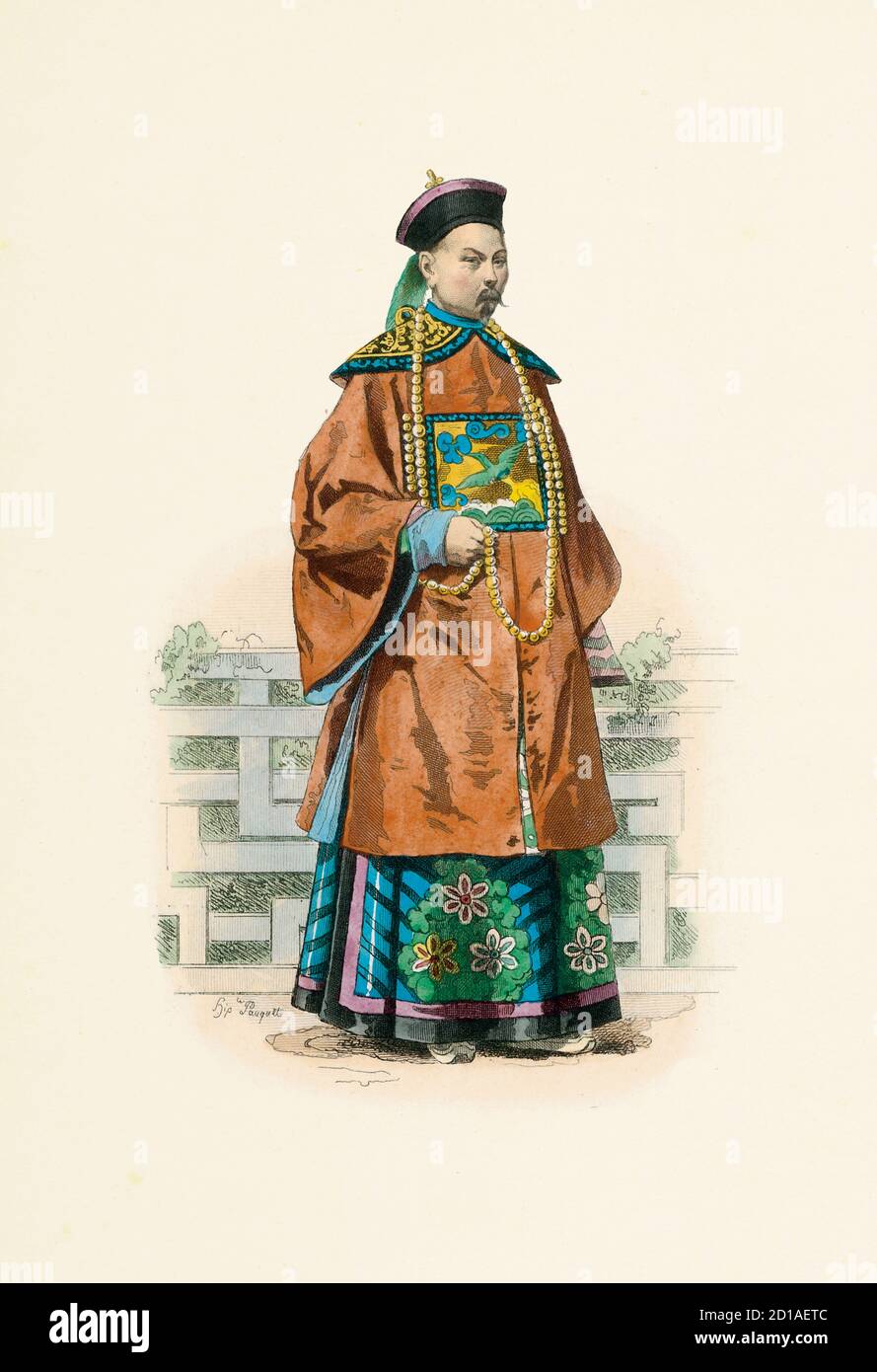 Portrait of Chinese mandarin in 1780, handcolored engraving by H