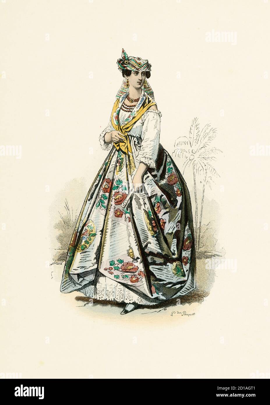 Portrait of mulatto woman from Martinique in 1865, hand-colored engraving by H. Pauquet. Published in the the book Modes et Costumes Historiques Dessi Stock Photo