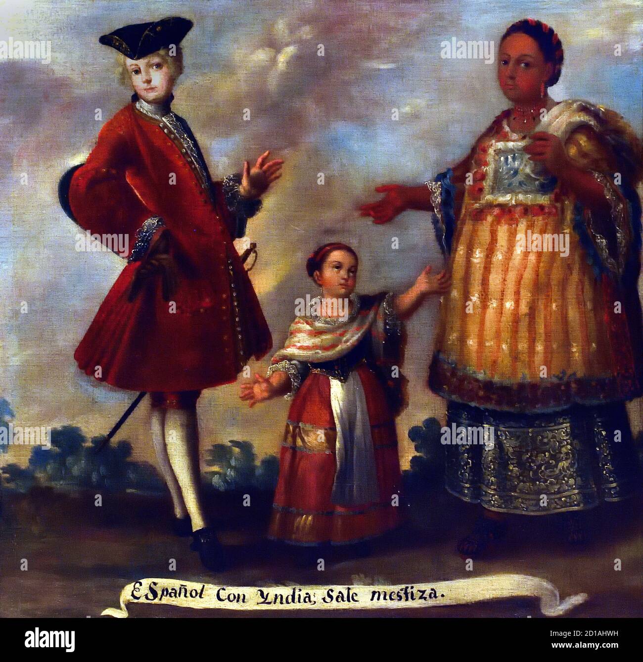Luis Berrueco,1717-1749 Mexico 18th Century  ( Luis Berrueco comes from a painters' dynasty in Puebla and had a large number of followers) Each of the miscegenation scenes is identified with inscriptions referring to their degree of miscegenation based on indigenous, European and African ethnic tribes, characteristic of a pictorial genre developed in the Viceroyalty of New Spain during the 18th century. . This genre is known as 'caste painting' Stock Photo