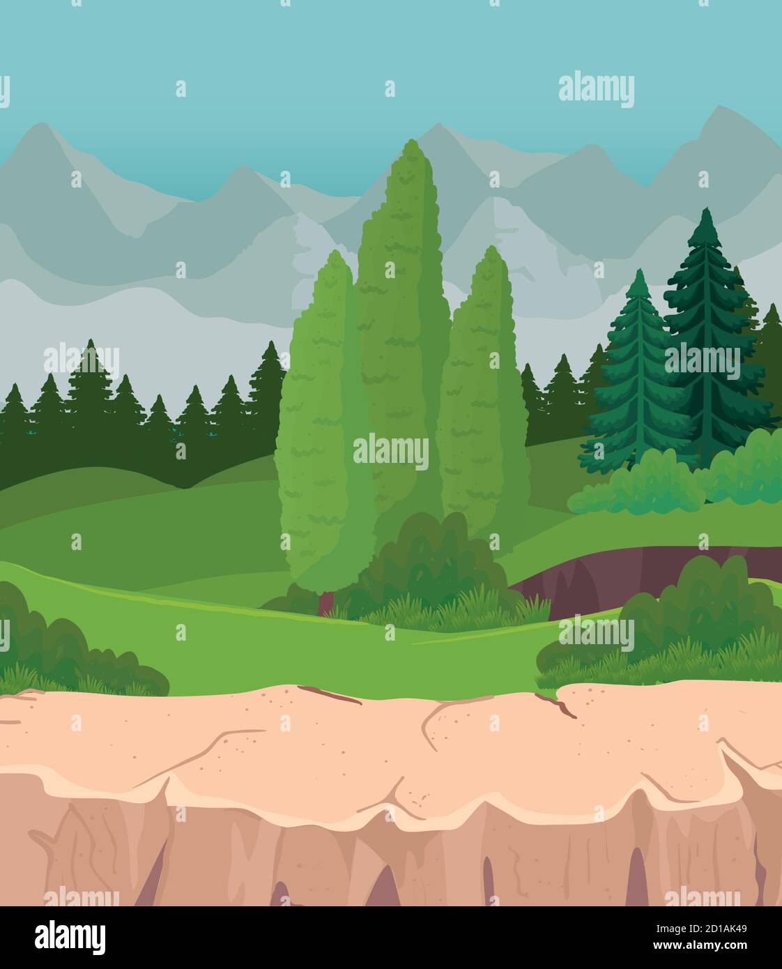 landscape of pine trees and shrubs in front of mountains vector design ...