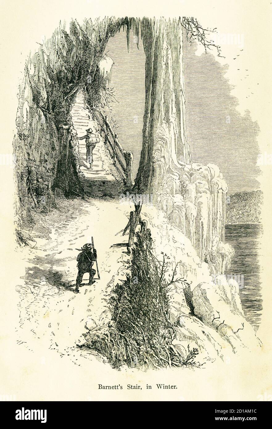 Antique illustration of Barnett's Stair, Ontario, USA in winter. Engraving published in Picturesque America or the Land We Live In (D. Appleton & Co., Stock Photo