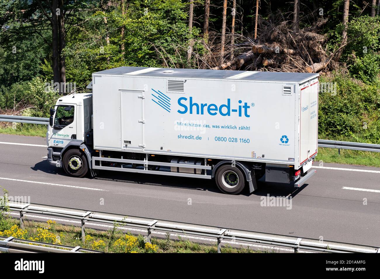 Shred-it truck on motorway. Stock Photo