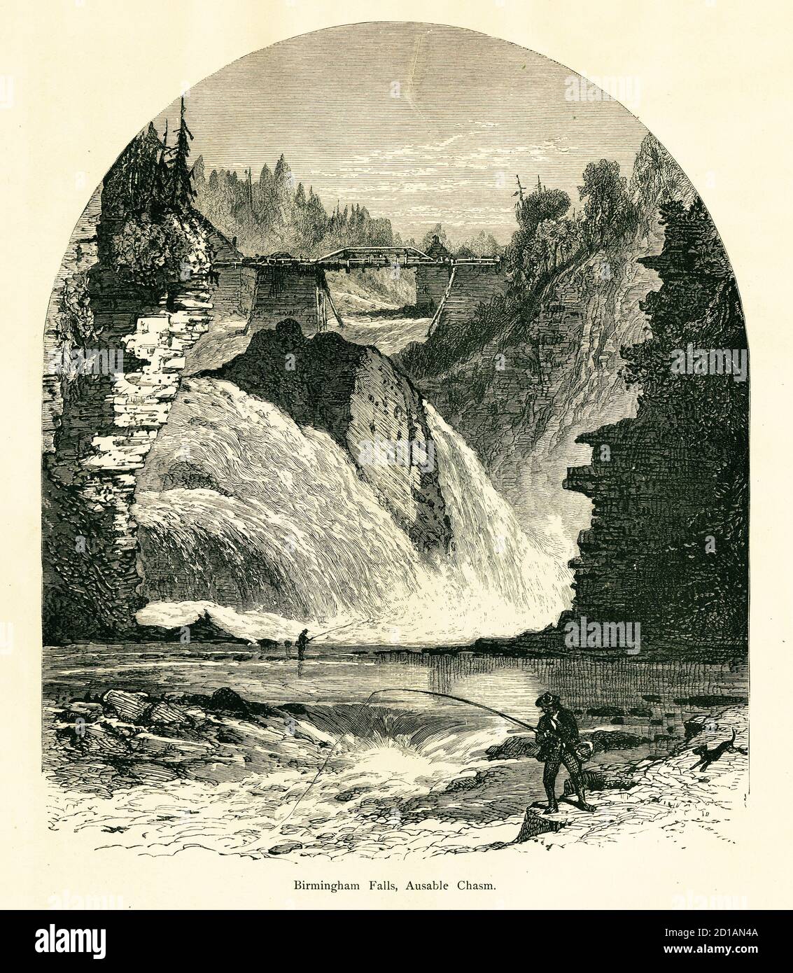 Antique illustration of Birmingham Falls, Ausable Chasm, located near Keeseville, New York, USA. Engraving published in Picturesque America or the Lan Stock Photo