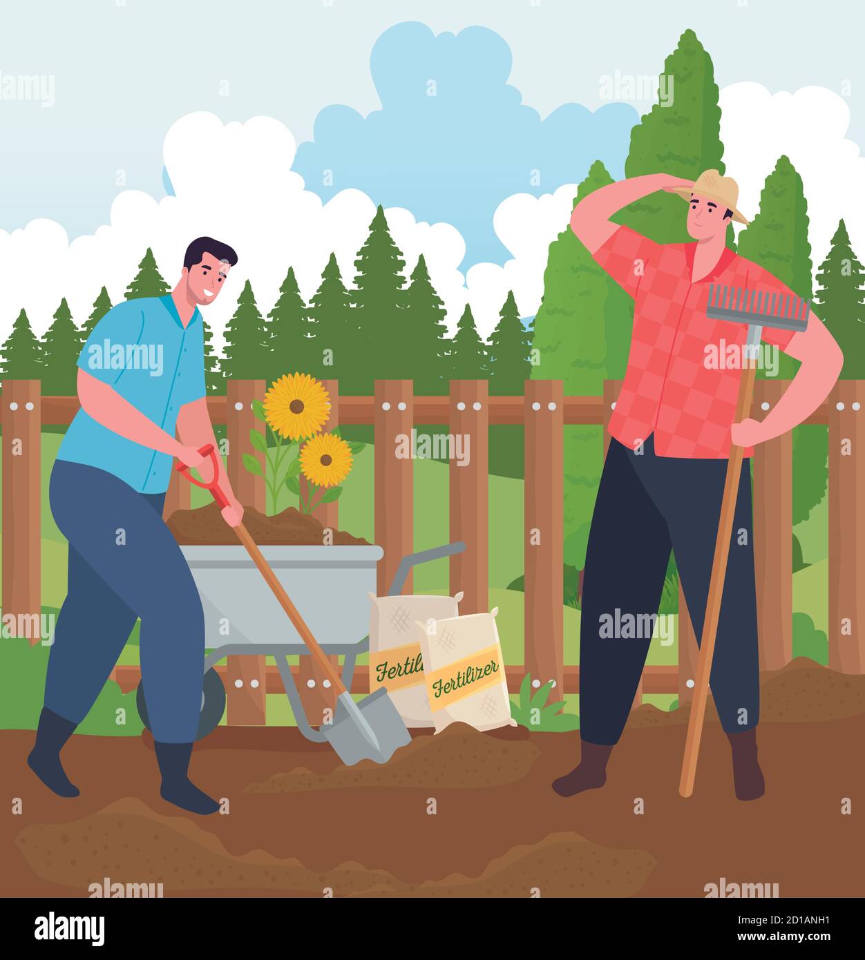 Gardening men with wheelbarrow shovel and rake vector design Stock ...