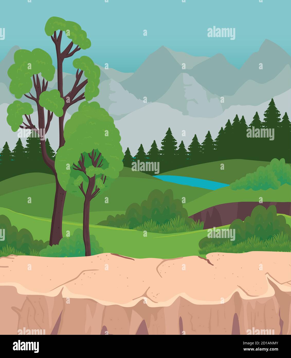 Landscape of trees pines and river vector design Stock Vector Image ...