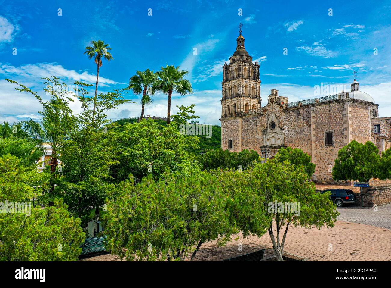aerial view houses and streets of Álamos Sonora México, Magical town and exterior dome of