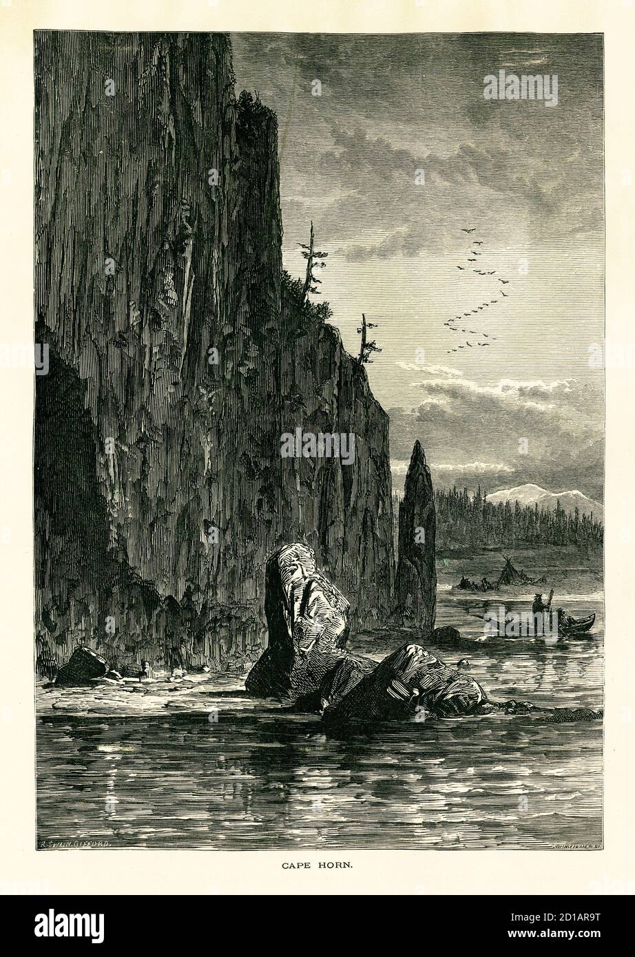 Antique illustration of Cape Horn, the southernmost point of South America. Published in Picturesque America or the Land We Live In (D. Appleton & Co. Stock Photo