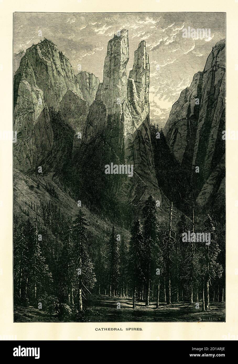 19th-century engraving of Cathedral Spires, pinnacles located on the south side of Yosemite Valley, U.S. state of California. Illustration published i Stock Photo