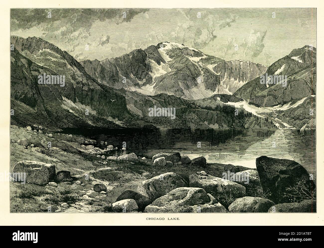 Antique illustration of Chicago Lake at the foot of Mount Evans, a mountain in the Front Range of the Rocky Mountains, Colorado, USA. Engraving publis Stock Photo