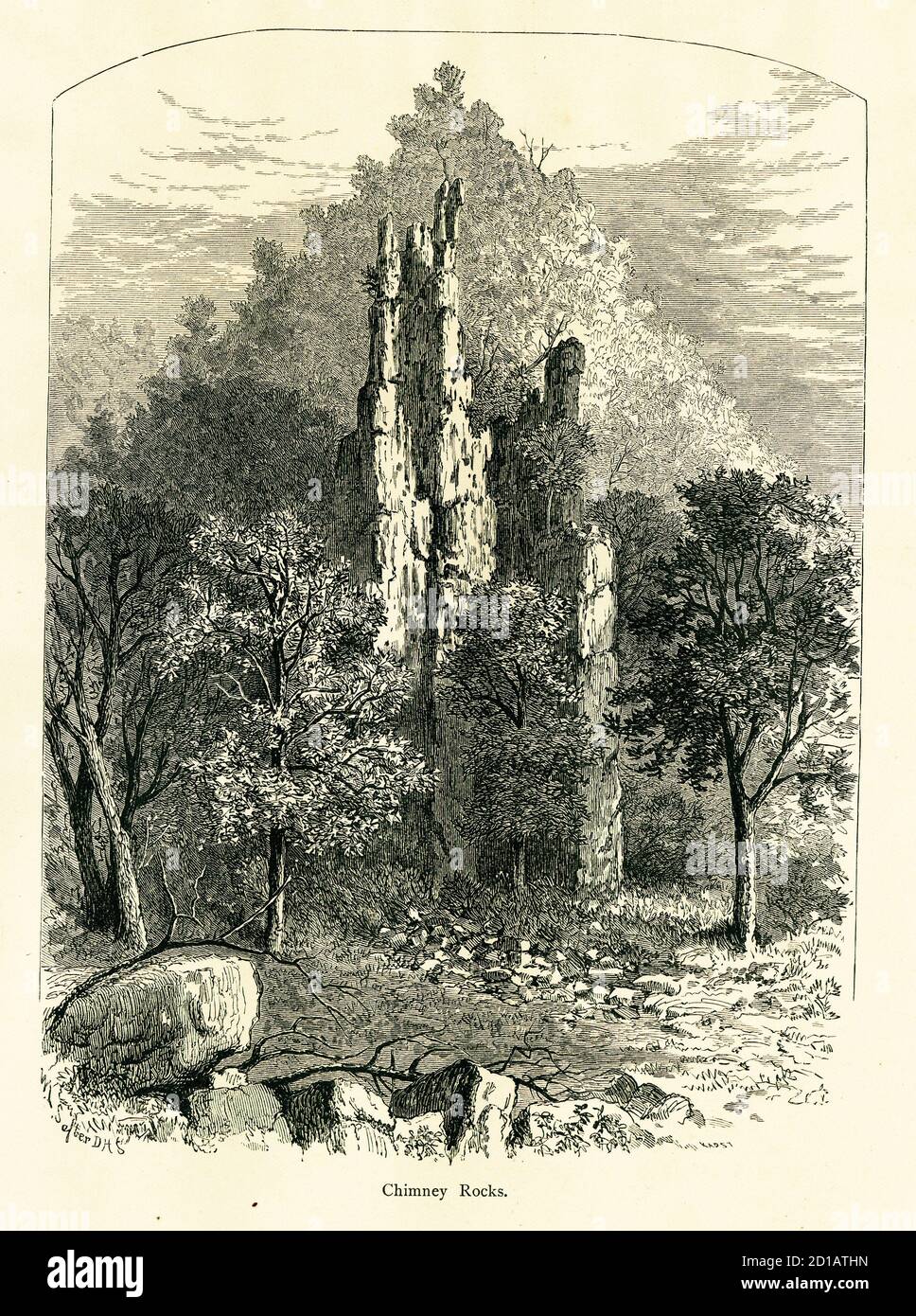 Wood engraving of Chimney Rocks, located in George Washington National Forest, West Virginia, USA. Illustration published in Picturesque America or th Stock Photo