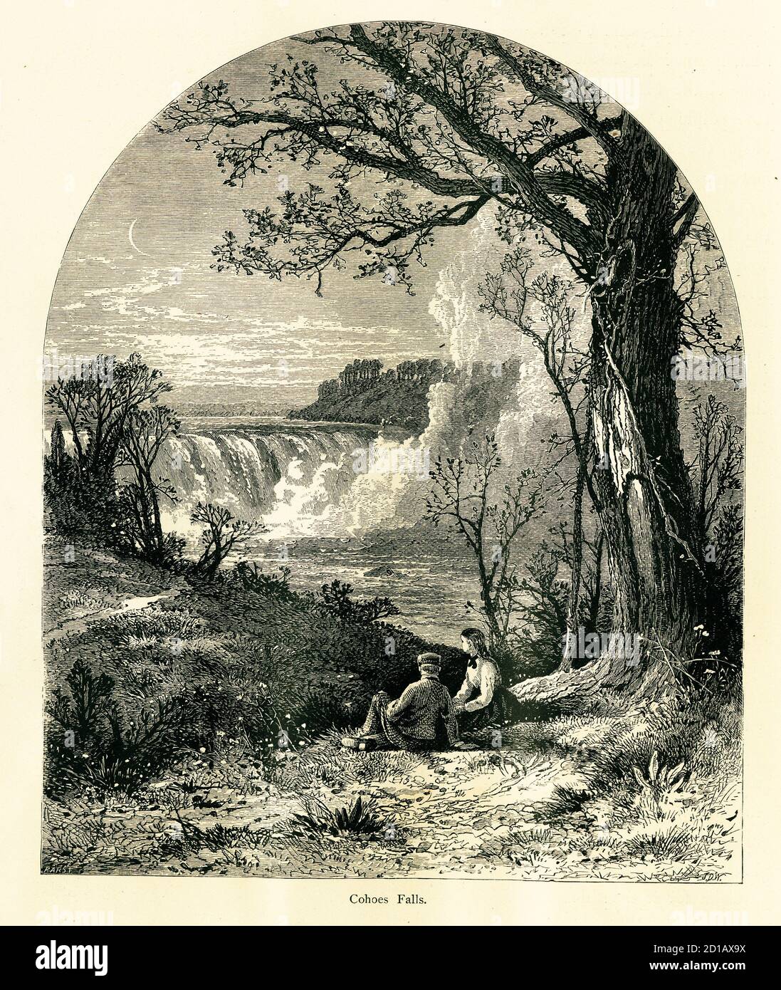 Antique engraving of Cohoes Falls, a waterfall on the Mohawk River in the U.S. state of New York. Illustration published in Picturesque America or the Stock Photo