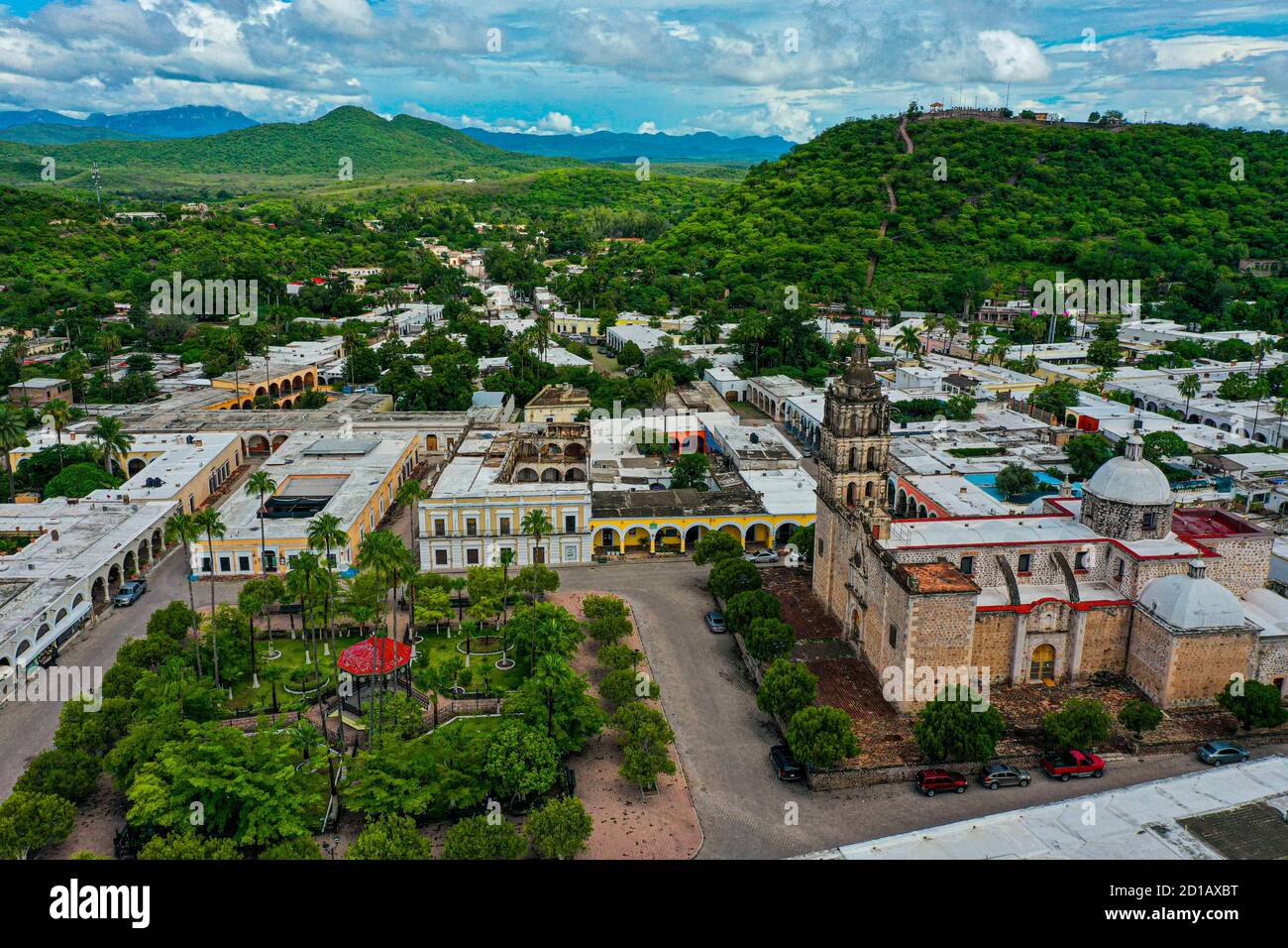 aerial view houses and streets of Álamos Sonora México, Magical town and exterior dome of