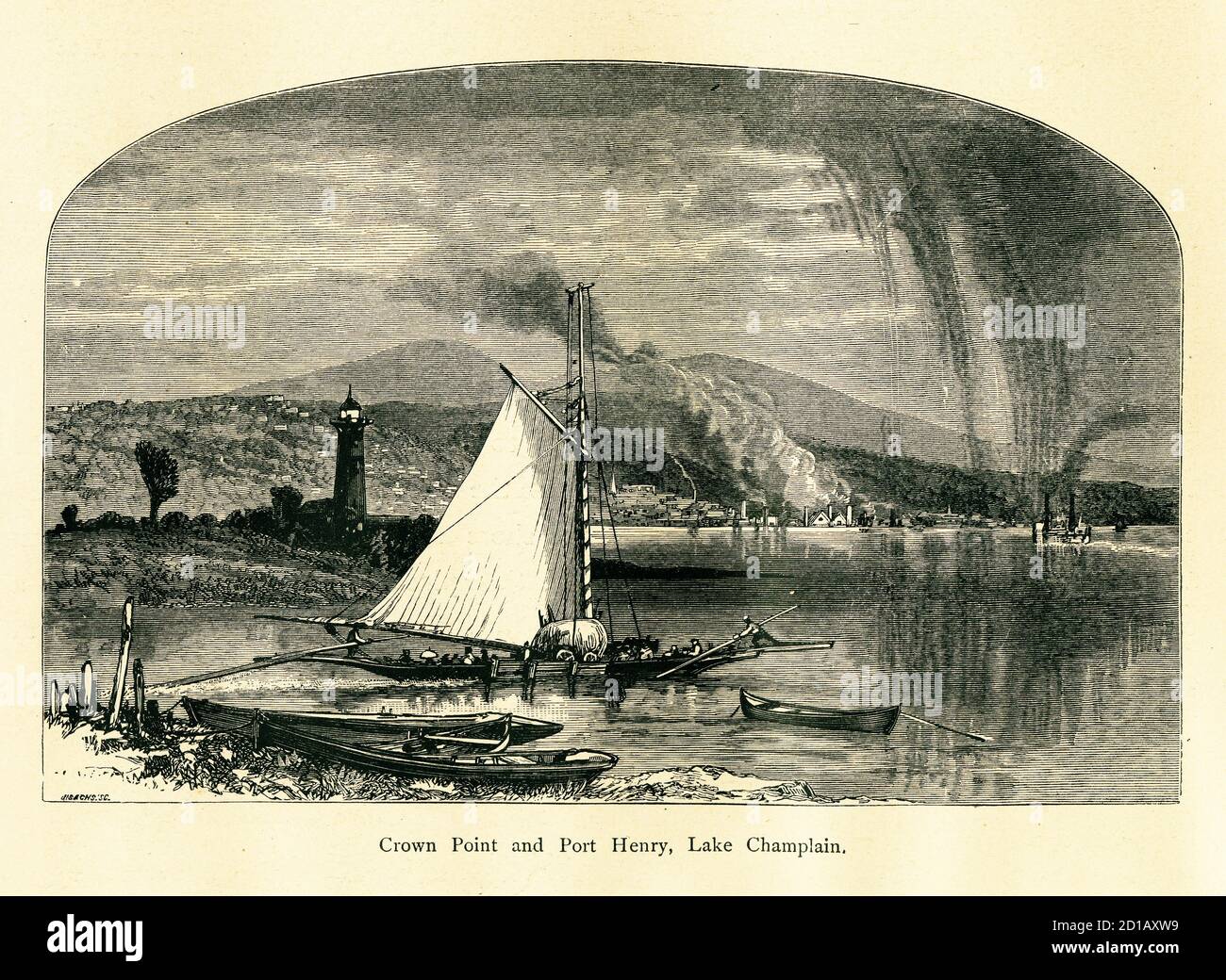 19th-century engraving of Crown Point and Port Henry, settlements on the shore of Lake Champlain, U.S. state of New York. Illustration published in Pi Stock Photo