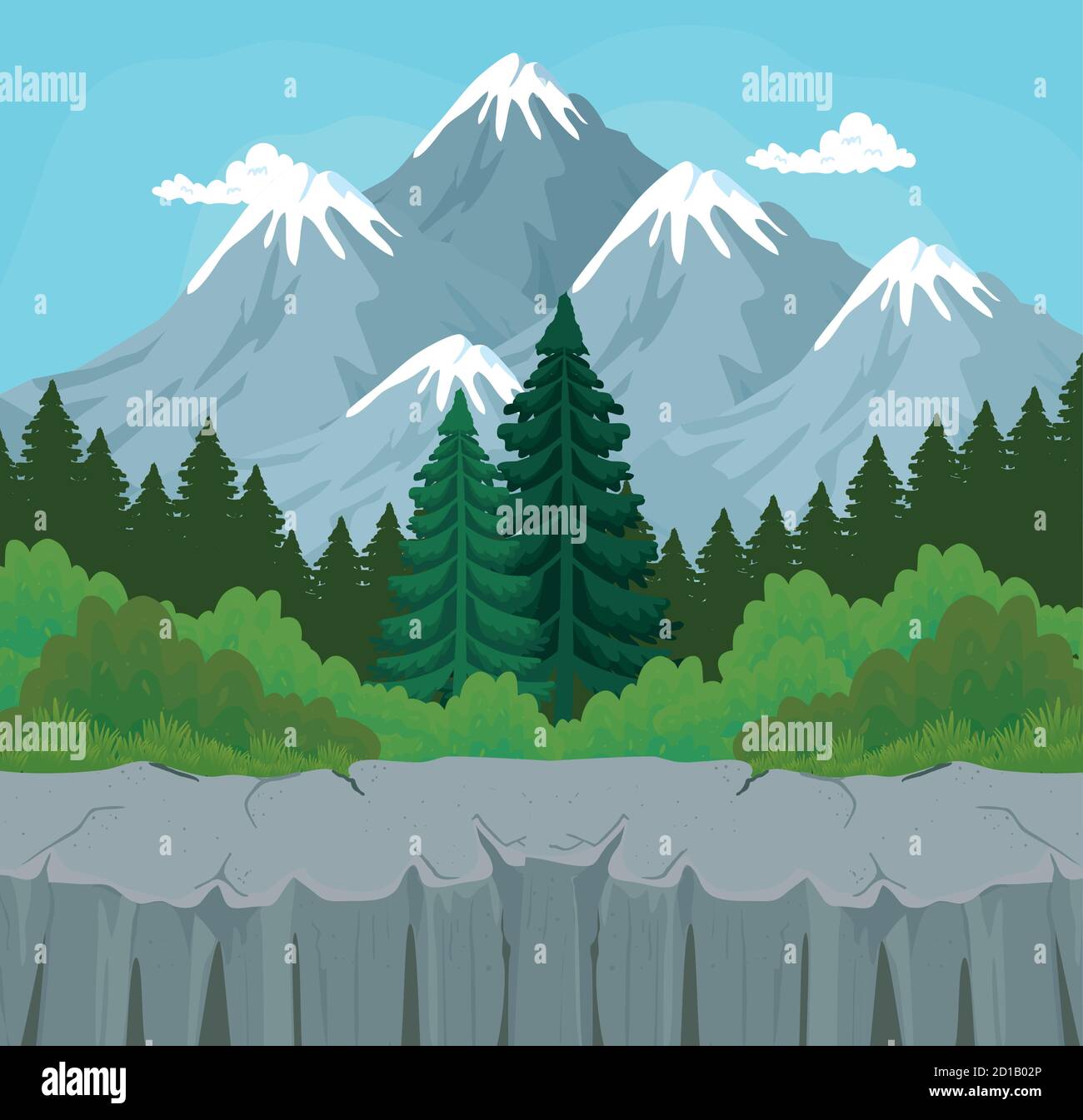 landscape of pine trees with shrubs in front of mountains vector design ...