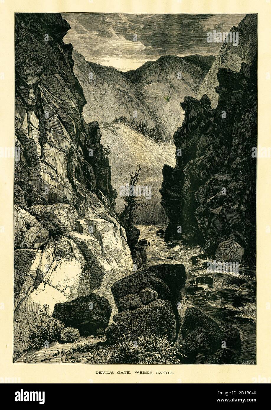 Antique wood engraving of Devil's Gate, a rock formation located in