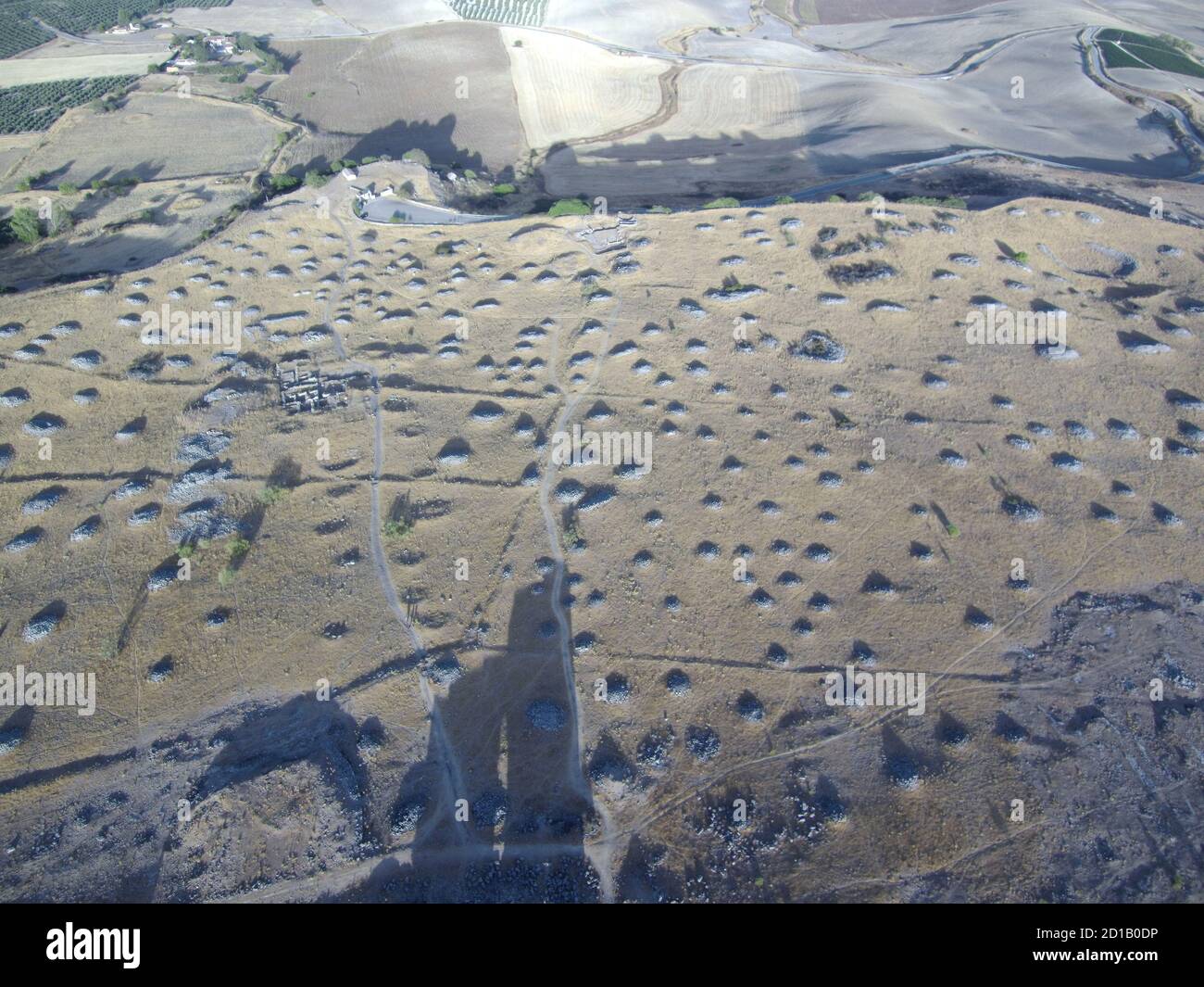 Aerial shot of ruins of Roman Theater of Acinipo Ruins in Ronda Malaga ...