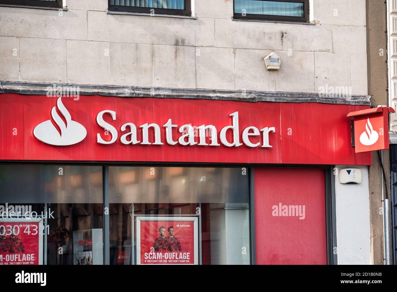Derry, Northern Ireland- Sept 27, 2020: The sign for the Santander Bank in Derry Northern Ireland. Stock Photo