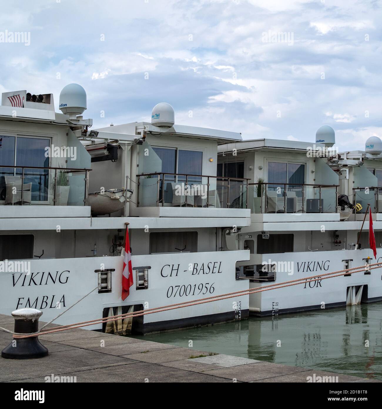 VIENNA, AUSTRIA - JULY 14, 2019:  The Embla and Tor  Viking river cruise ships tied up together on the River Danube Stock Photo