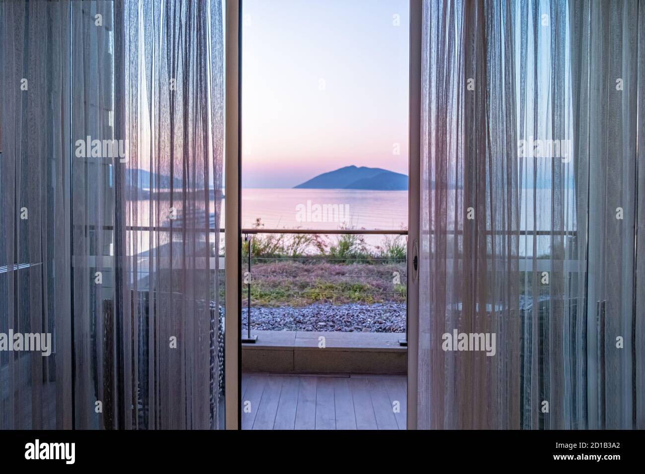 Hotel room terrace balcony with a sea view The window overlooking the