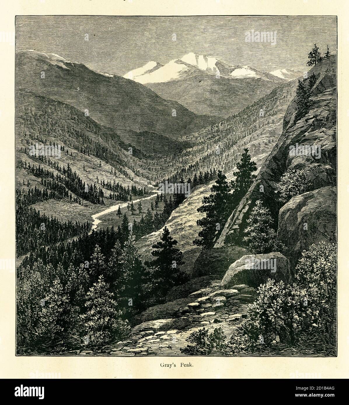 19th-century engraving of Grays Peak, the highest mountain in the Front Range of the Southern Rocky Mountains, Colorado, USA. Illustration published i Stock Photo
