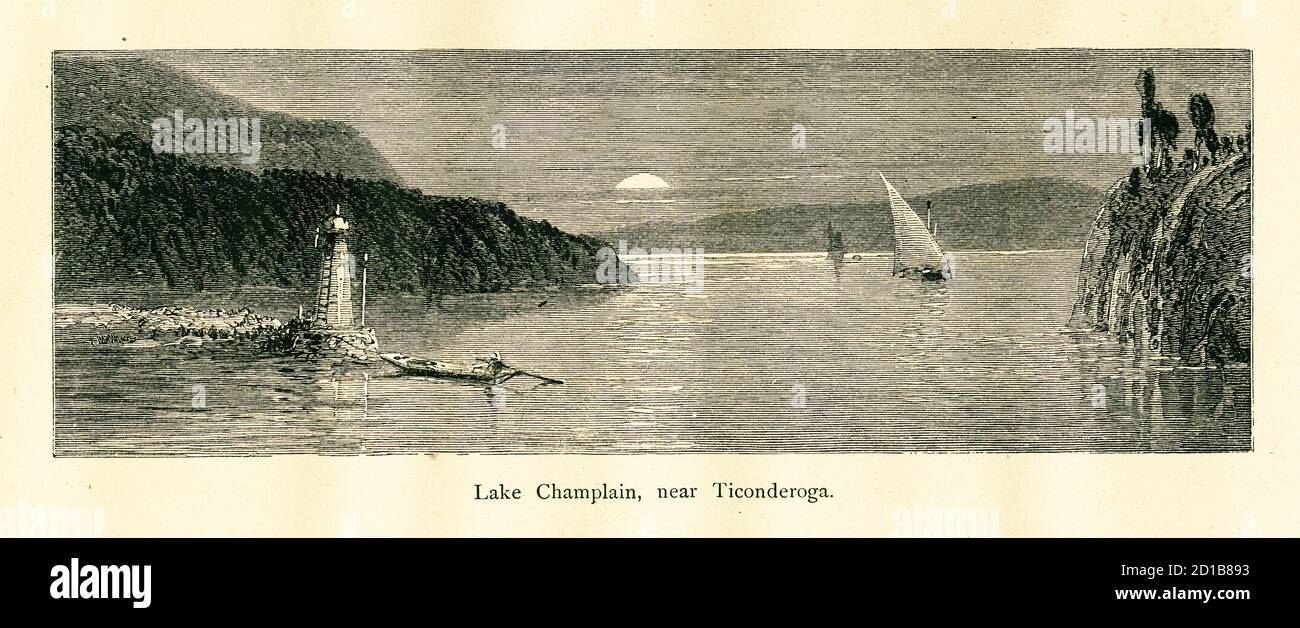 Antique illustration of Lake Champlain near Ticonderoga, U.S. state of New York. Illustration published in Picturesque America or the Land We Live In Stock Photo
