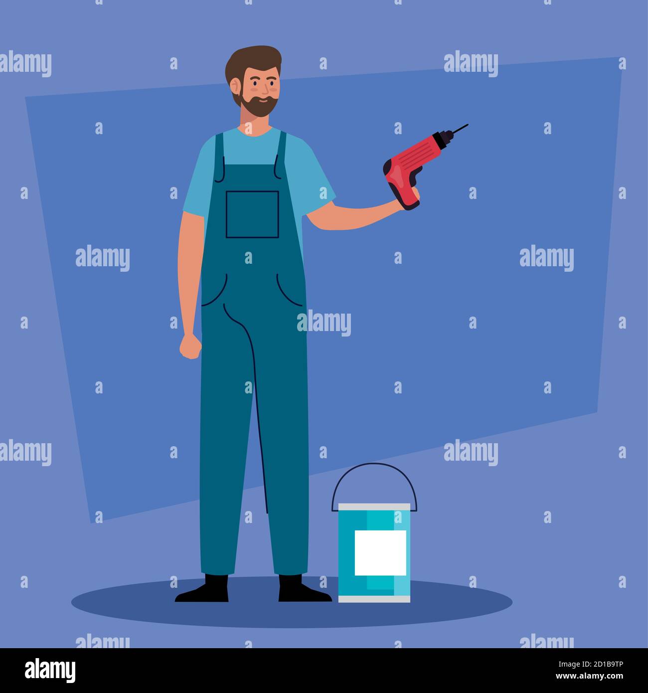 man cartoon with construction drill and paint bucket vector design ...