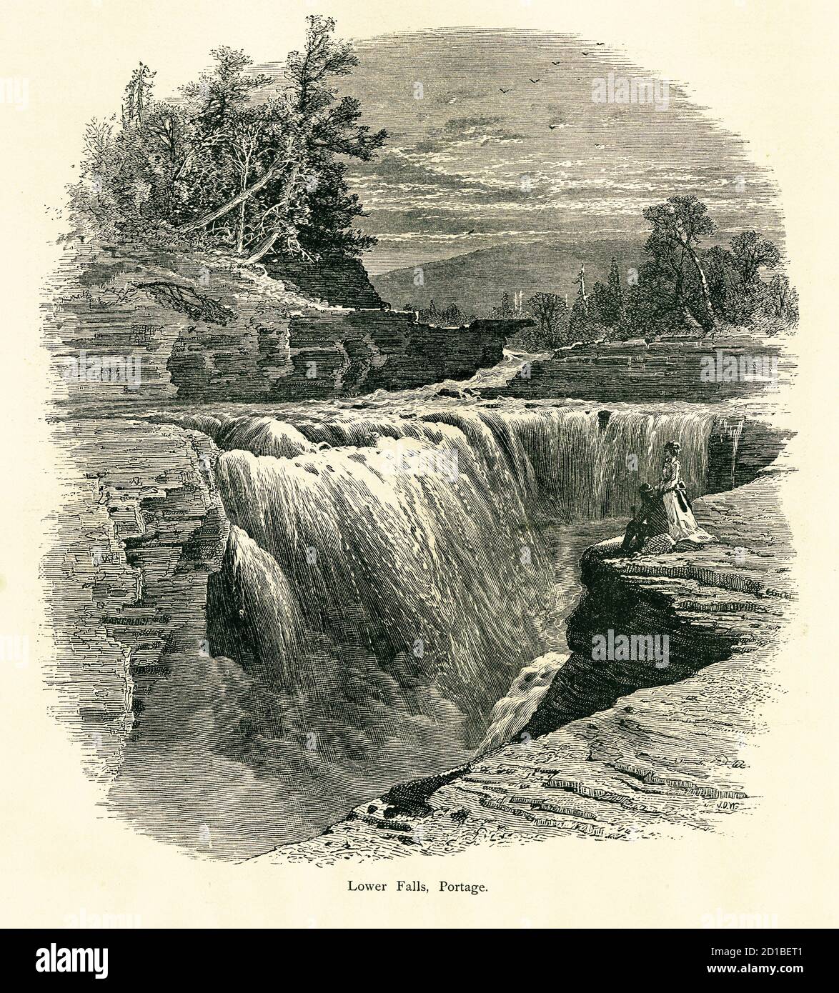 Antique engraving of Lower Falls located in the Portage Canyon, U.S. state of New York. Illustration published in Picturesque America or the Land We L Stock Photo