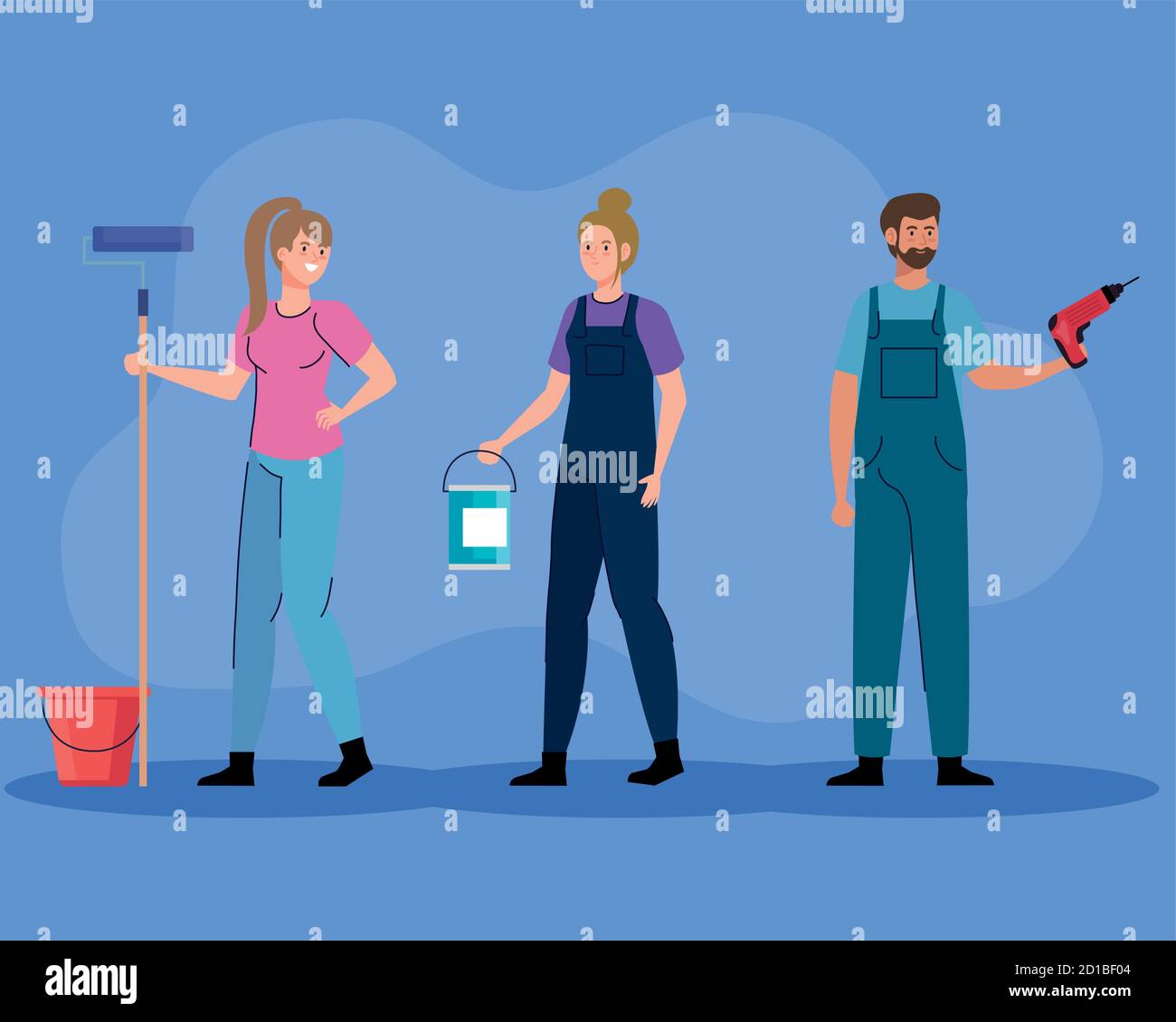 women and man with construction drill paint roll and buckets vector ...