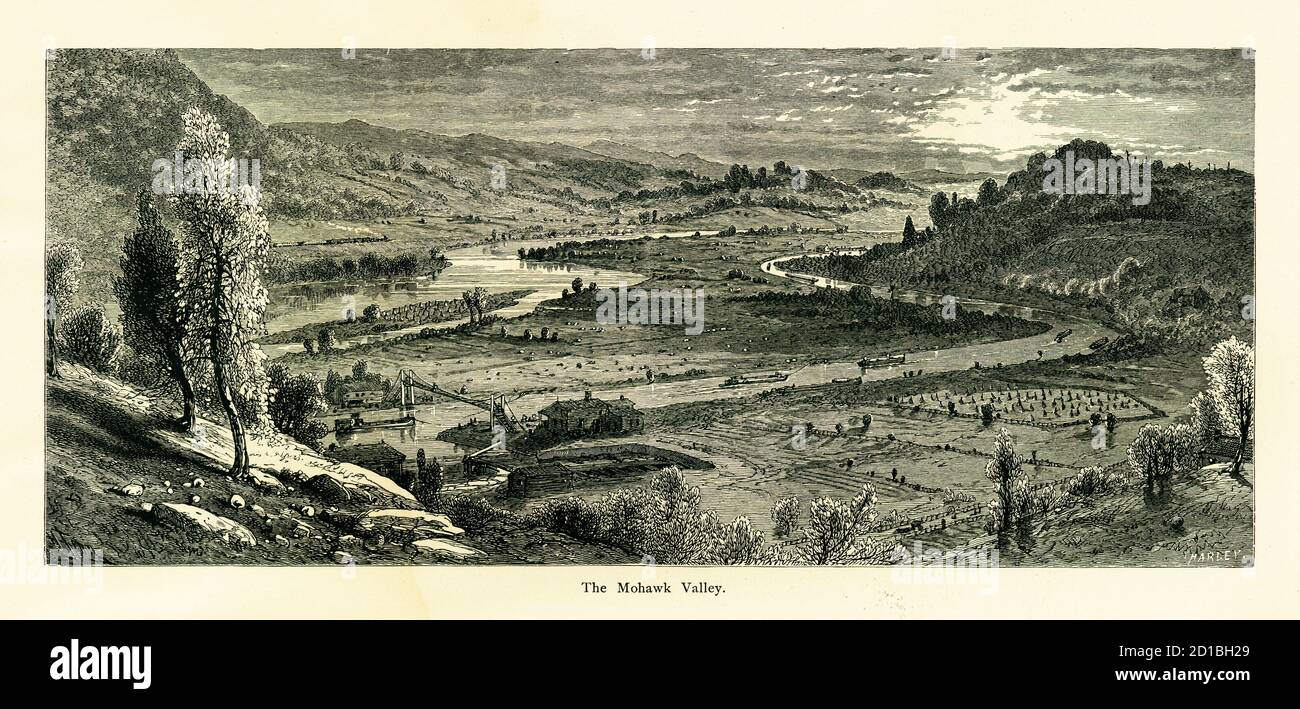 19th-century engraving of the Mohawk Valley in New York, USA. Illustration published in Picturesque America or the Land We Live In (D. Appleton & Co., Stock Photo