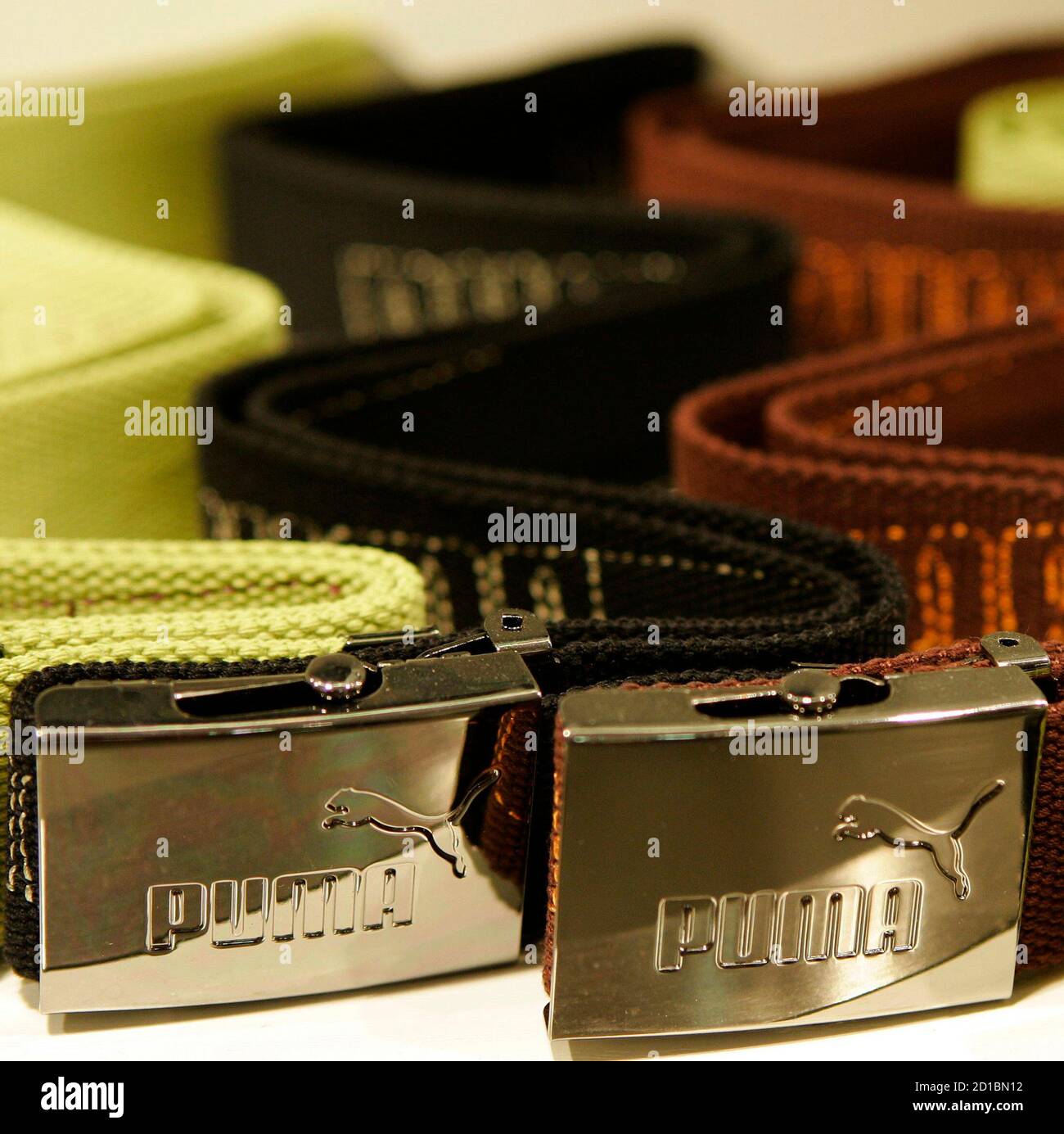 Belts are pictured in the Puma factory outlet store in Herzogenaurach near  Nuremberg April 10, 2007. French retailer PPR on Tuesday made a 5.3 billion  euro ($7.07 billion) bid to hitch German