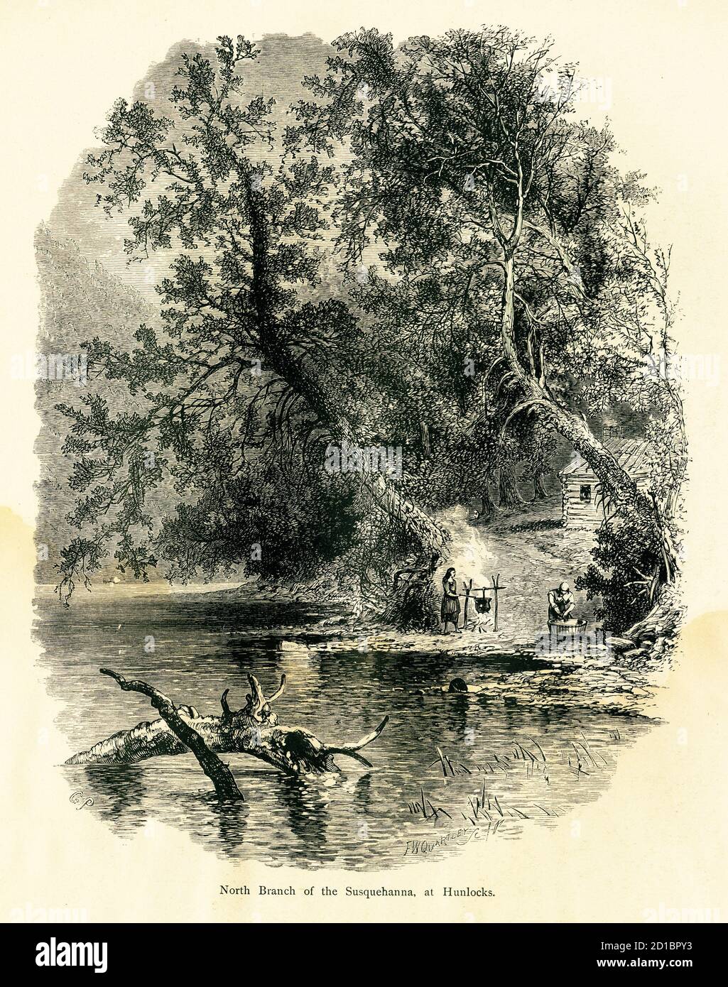 Antique illustration of the north branch of the Susquehanna River. Engraving published in Picturesque America or the Land We Live In (D. Appleton & Co Stock Photo