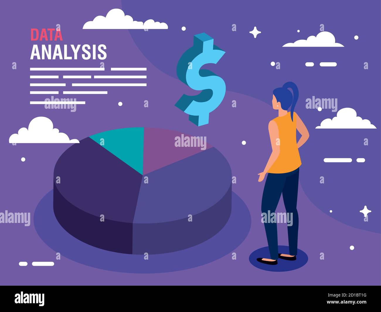 Data analysis cake chart dollar icon and woman vector design Stock ...