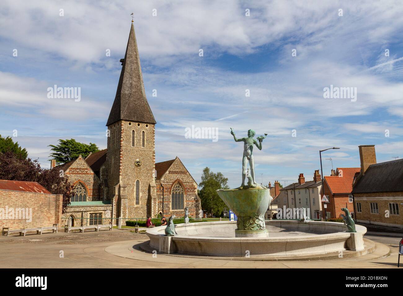 Boy figure on fountain outside St Michaels Church in Braintree, Essex, UK. Stock Photo