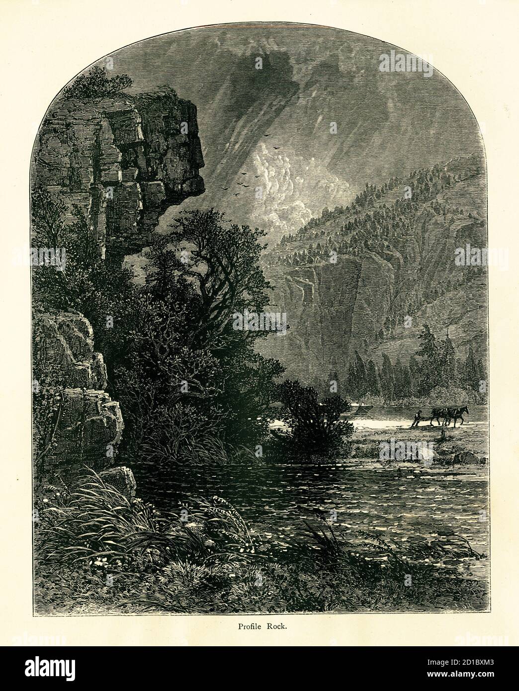 Antique illustration of Profile Rock in the Mohawk Valley, U.S. state of New York. Engraving published in Picturesque America or the Land We Live In ( Stock Photo
