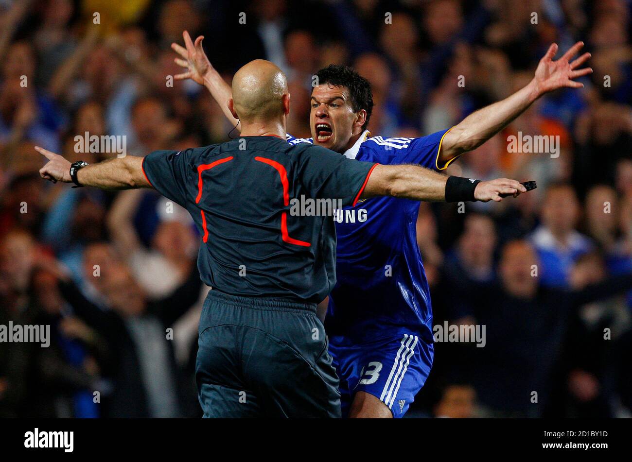 Chelsea S Michael Ballack R Screams At Referee Tom Henning Ovrebo After A Possible Handball By Barcelona During Their Champions League Second Leg Semi Final Soccer Match At Stamford Bridge In London May 6 Chelsea S Michael Ballack R Screams At Referee Tom Henning Ovrebo After A Possible Handball By Barcelona During Their Champions League Second Leg Semi Final Soccer Match At Stamford Bridge In London May 6