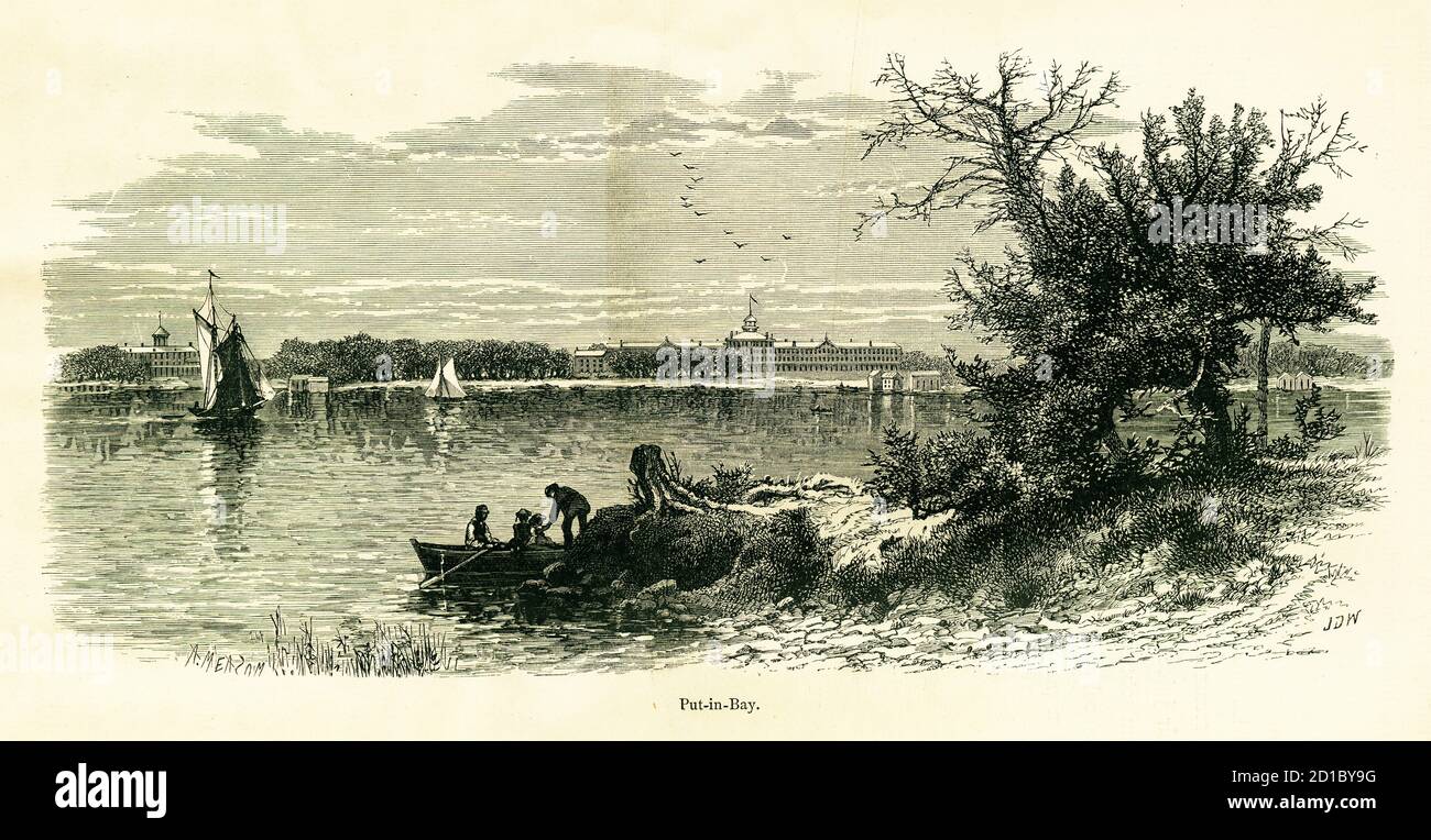 Antique illustration of Put-in-Bay, located on South Bass Island in Ohio, United States of America. Engraving published in Picturesque America or the Stock Photo