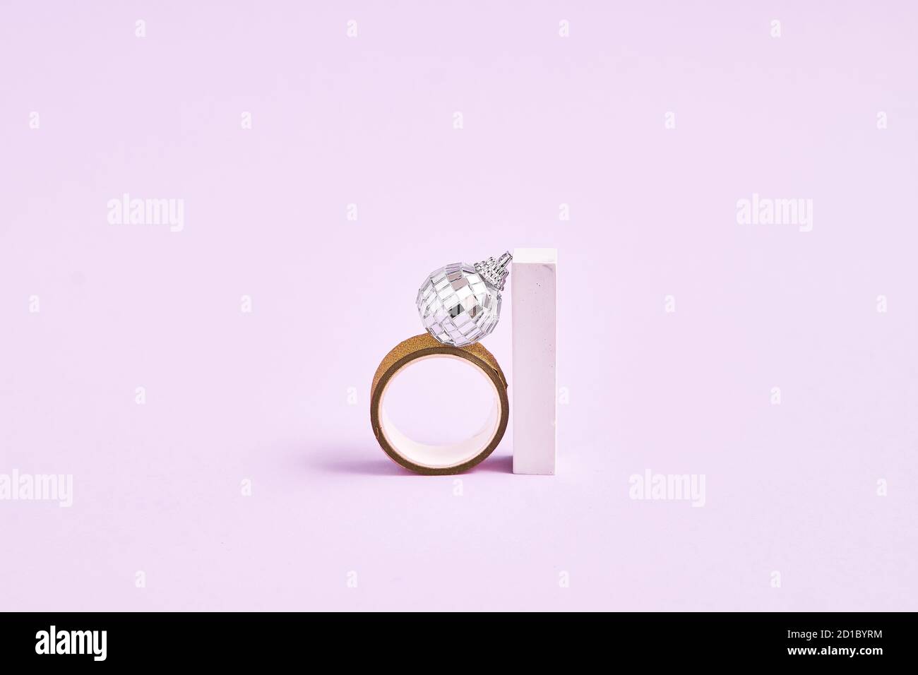 Silver disco ball , box, ring ang geometric shapes. 90s fashion. Engagement ring concept