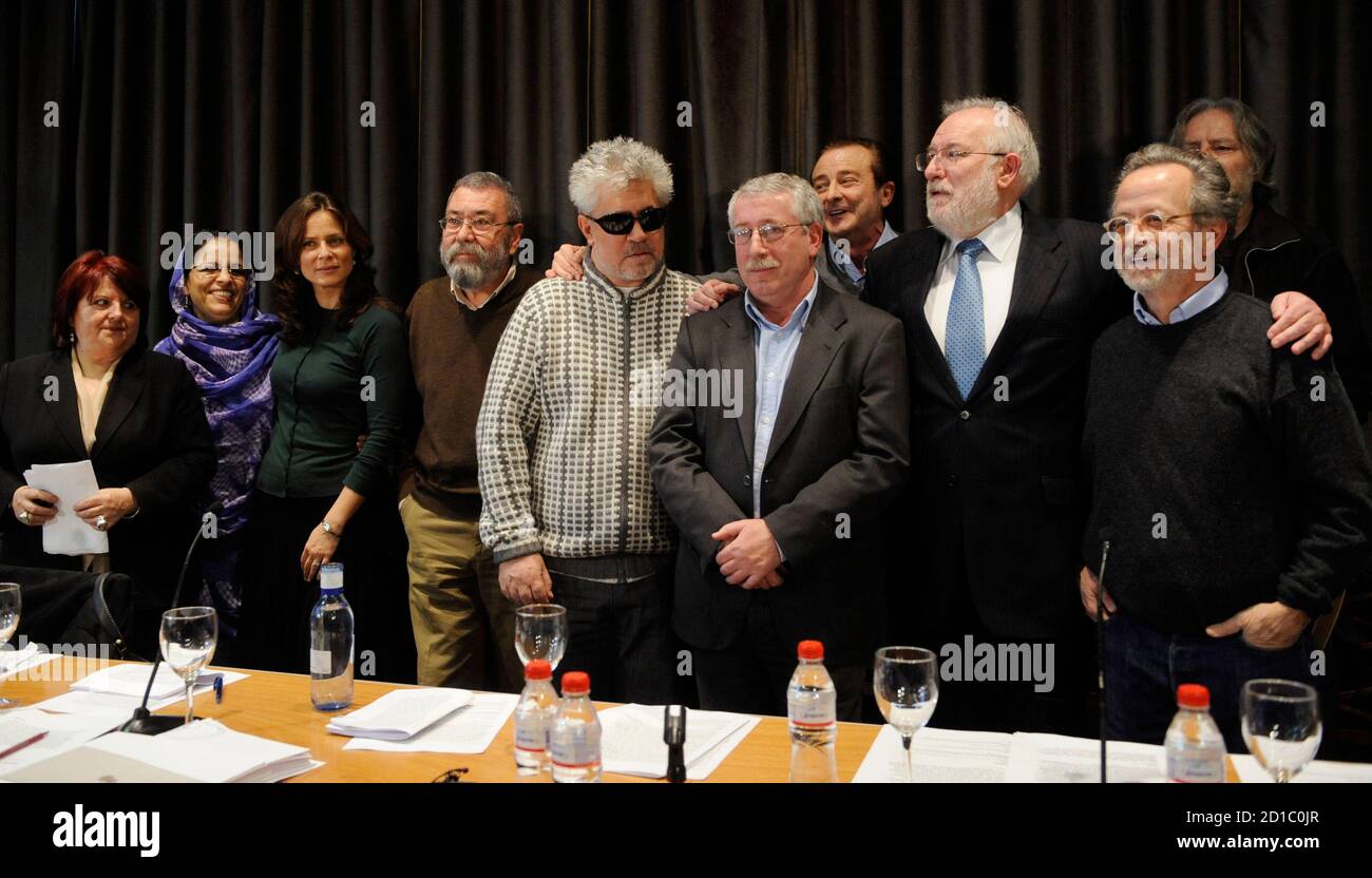 (L-R) Historian Fani Rubio, activist Zahra Ramdan, actress Aitana Sanchez-Gijon, trade union leader Candido Mendez, film director Pedro Almodovar, union leader Ignacio Fernandez, actor Juan Diego and two unidentified people present a platform in Madrid in support of Western Sahara independence campaigner Aminatou Haidar, as she continues her hunger strike December 10, 2009. A tussle between Morocco and Spain over Haidar's hunger strike has become the biggest test yet of a diplomatic honeymoon which has boosted cooperation on security, illegal migration and trade. To match ANALYSIS MOROCCO-SPAI Stock Photo