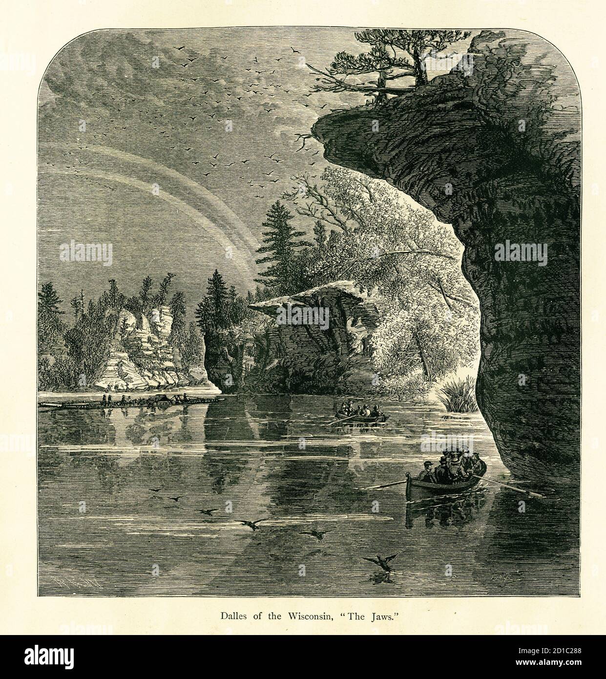 19th-century engraving of rapids in the Wisconsin River, USA. Illustration published in Picturesque America or the Land We Live In (D. Appleton & Co., Stock Photo