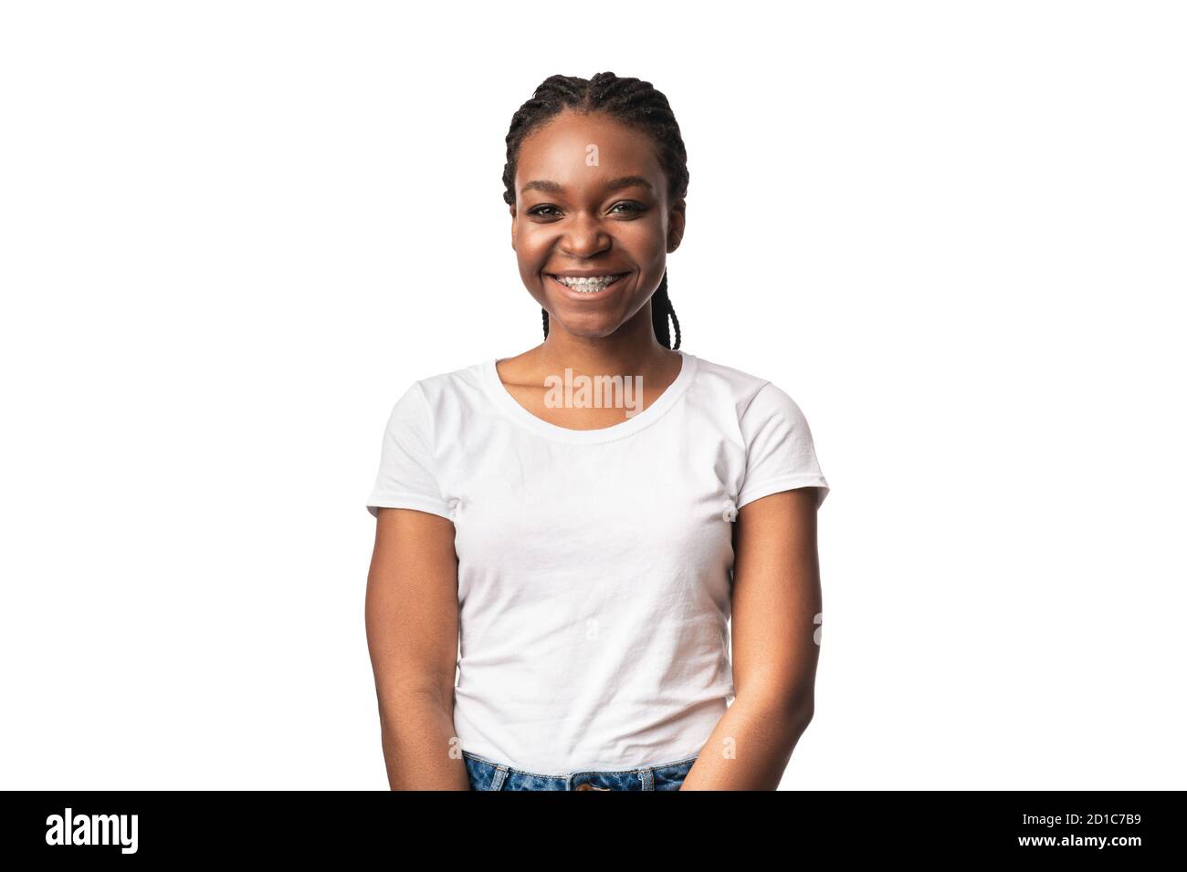 Happy African Lady With Dental Braces Standing Over White Background Stock Photo