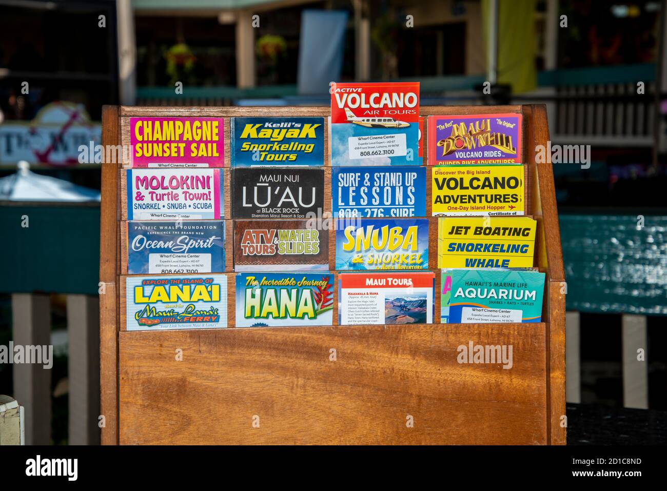 Lahaina, Maui, Hawaii. Local shop displays travel brochures and tour guides for the public to look at. Stock Photo