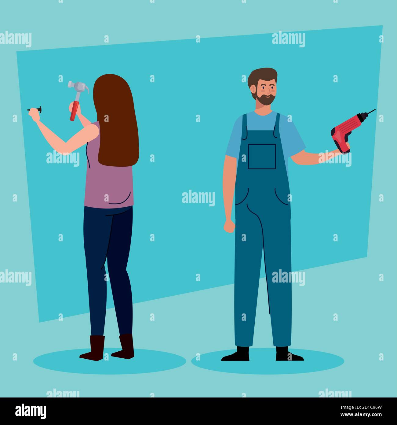woman and man with construction drill and hammer vector design Stock ...