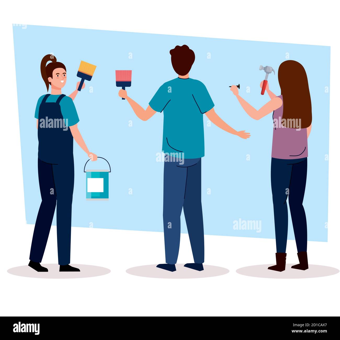 man and women with construction hammer paint brush and bucket vector ...