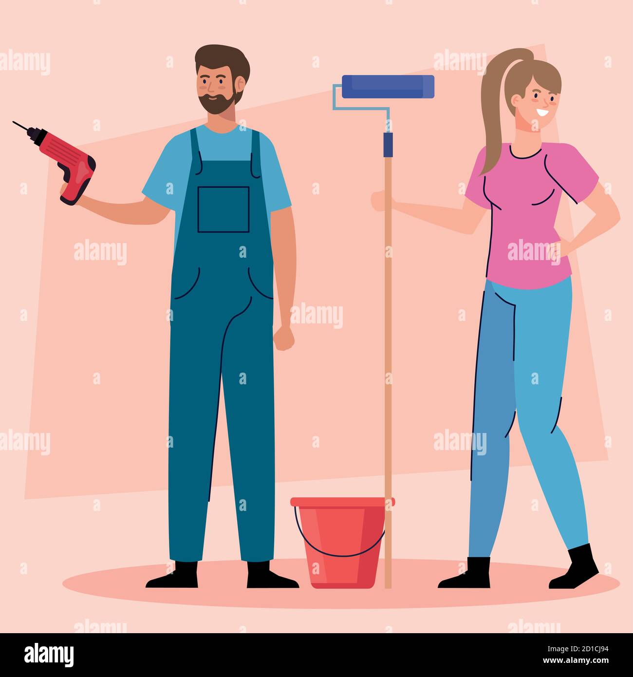 woman and man with construction drill and paint roll vector design ...