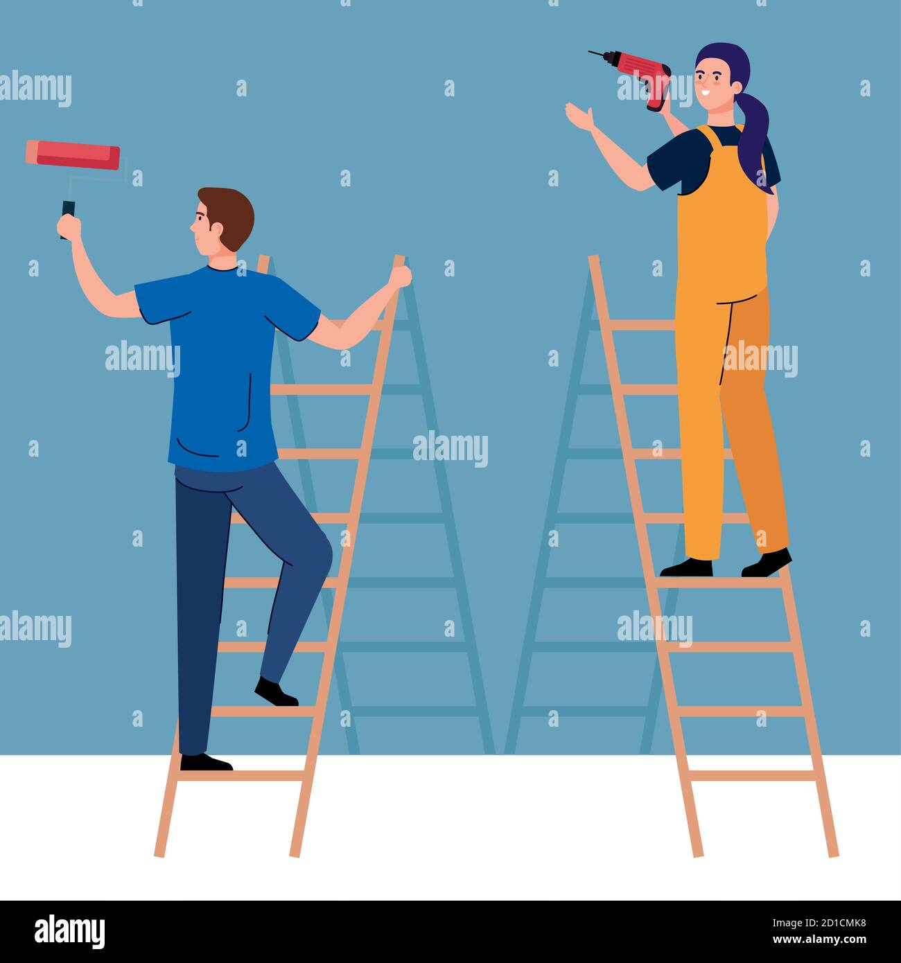 man and woman with construction drill and paint roll on ladders vector ...