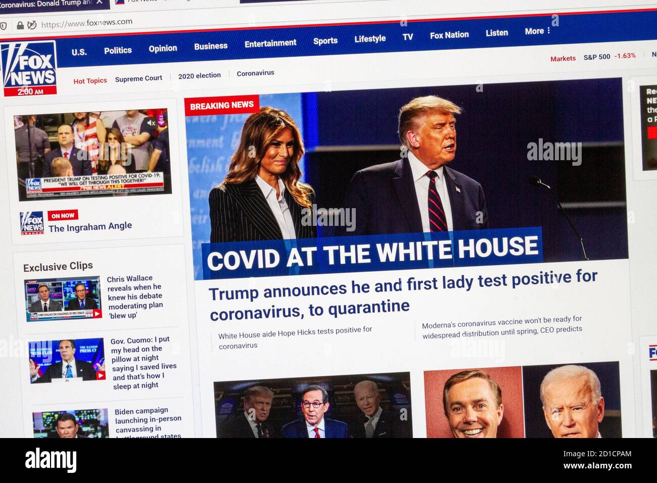Screenshot of the Fox News website announcing that US President Donald Trump had tested positive for Covid-19 on 2nd October 2020. Stock Photo