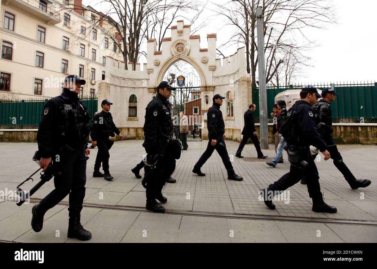 Turkish Riot Police Patrol In Front Of The Swedish Consulate During A Protest Organised By Workers